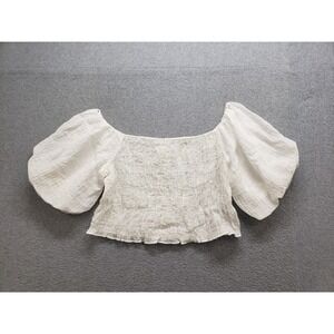 H&M Women Blouse Top L White Smocked Puff Sleeve Square Neck Cropped Bohemian